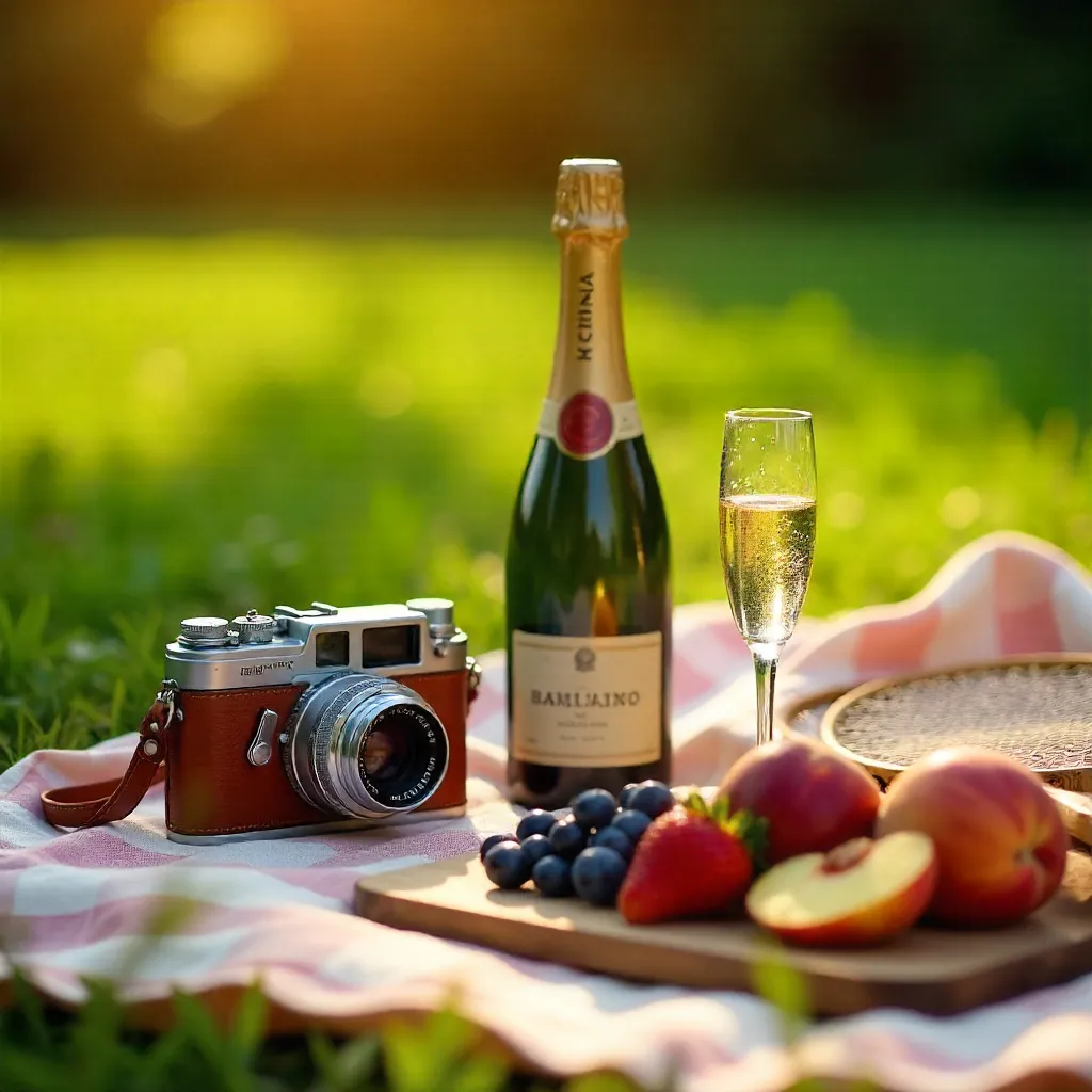 Vintage Summer Picnic: Camera, Champagne, and Fruit