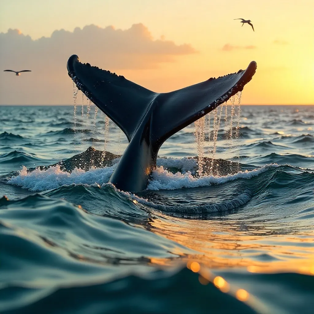 Majestic Whale Tail Surfacing at Golden Hour