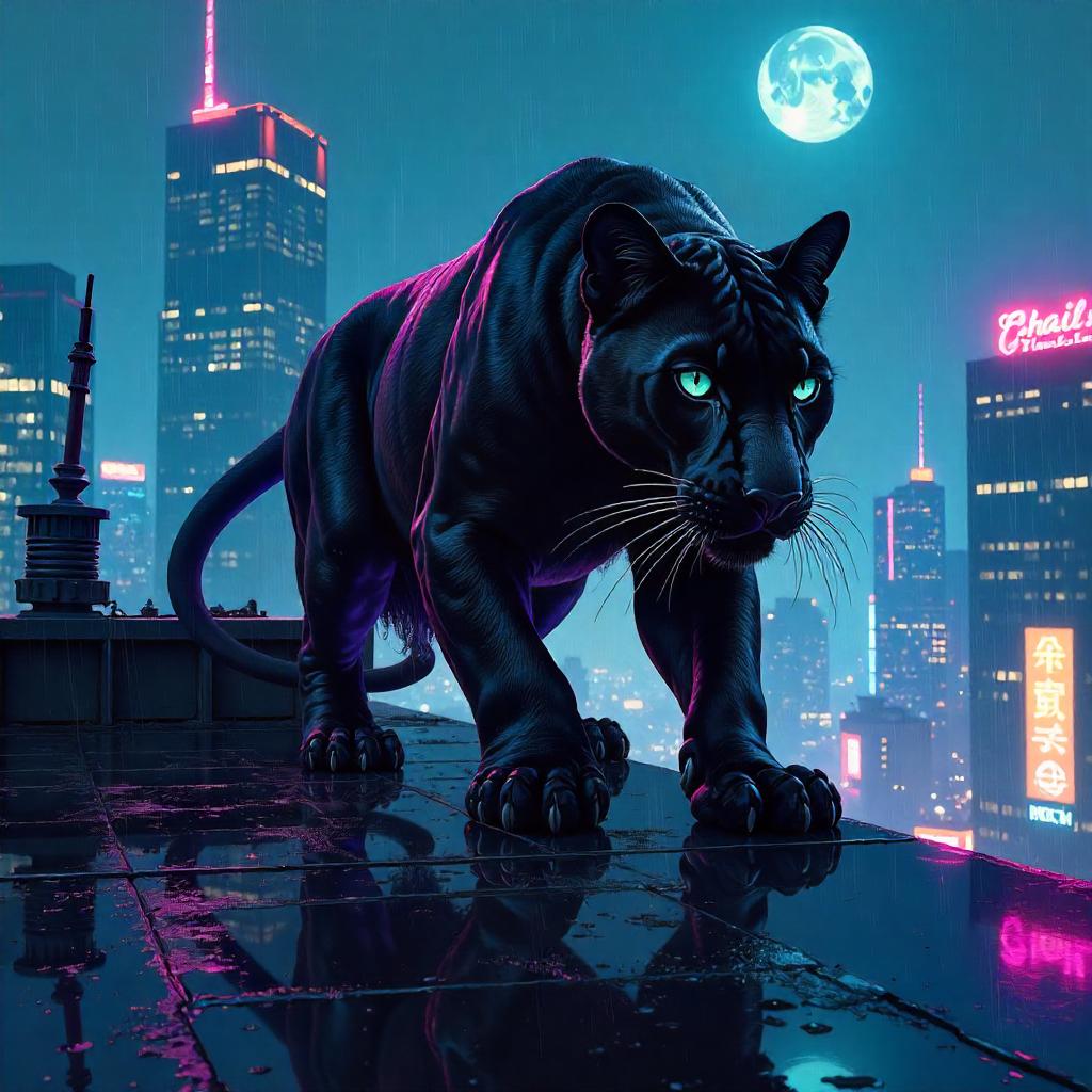 Midnight Panther on a Neon Rooftop