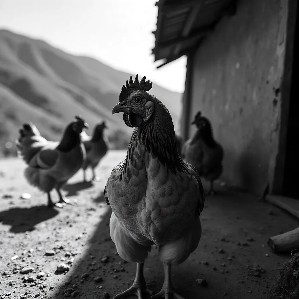 Monochrome Close-Up Chickens on an Ecuadorian Farm