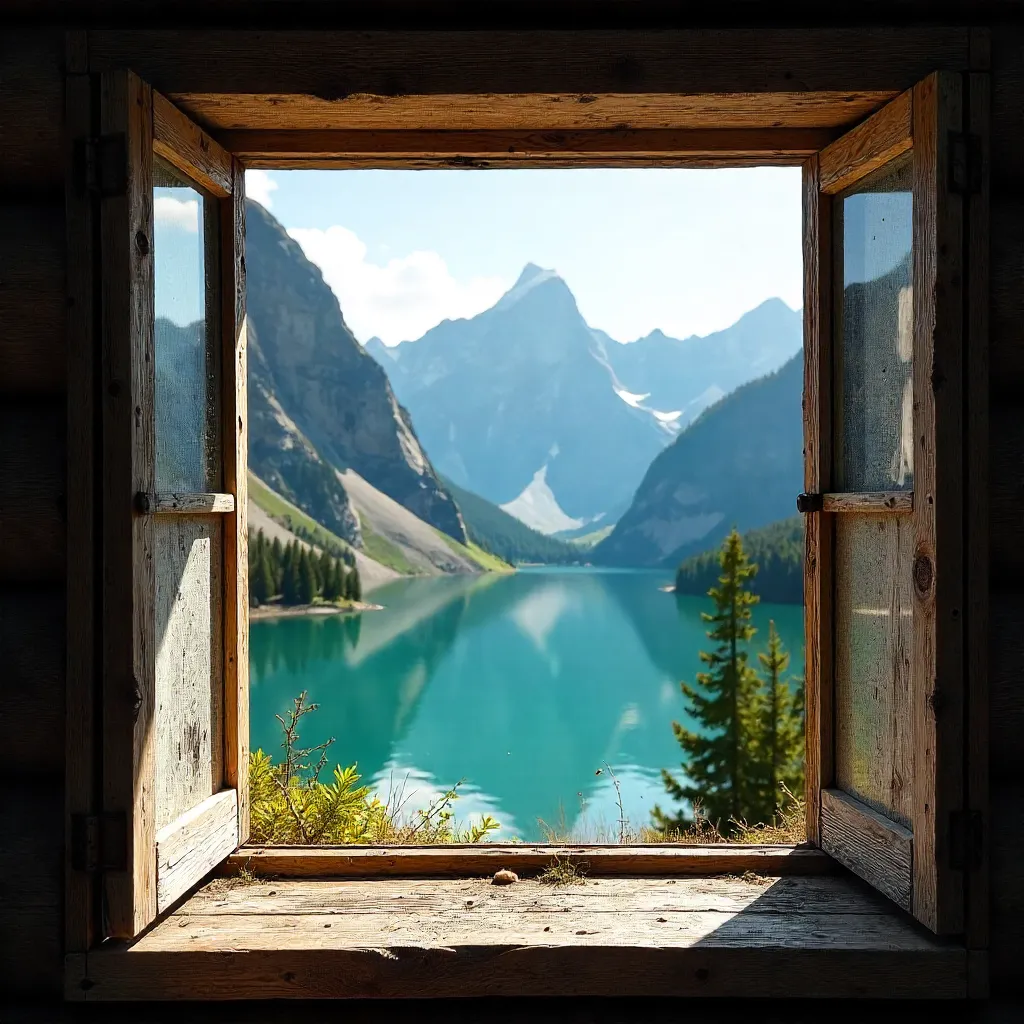 Rustic Window View of Tranquil Mountains