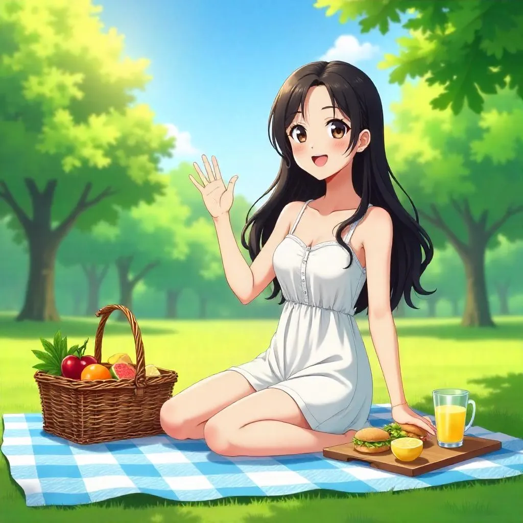 Cheerful Asian Woman at a Sunny Picnic (Anime Style)