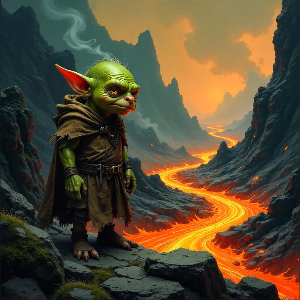 Goblin by the Lava Flow — An Oil Painting Scene