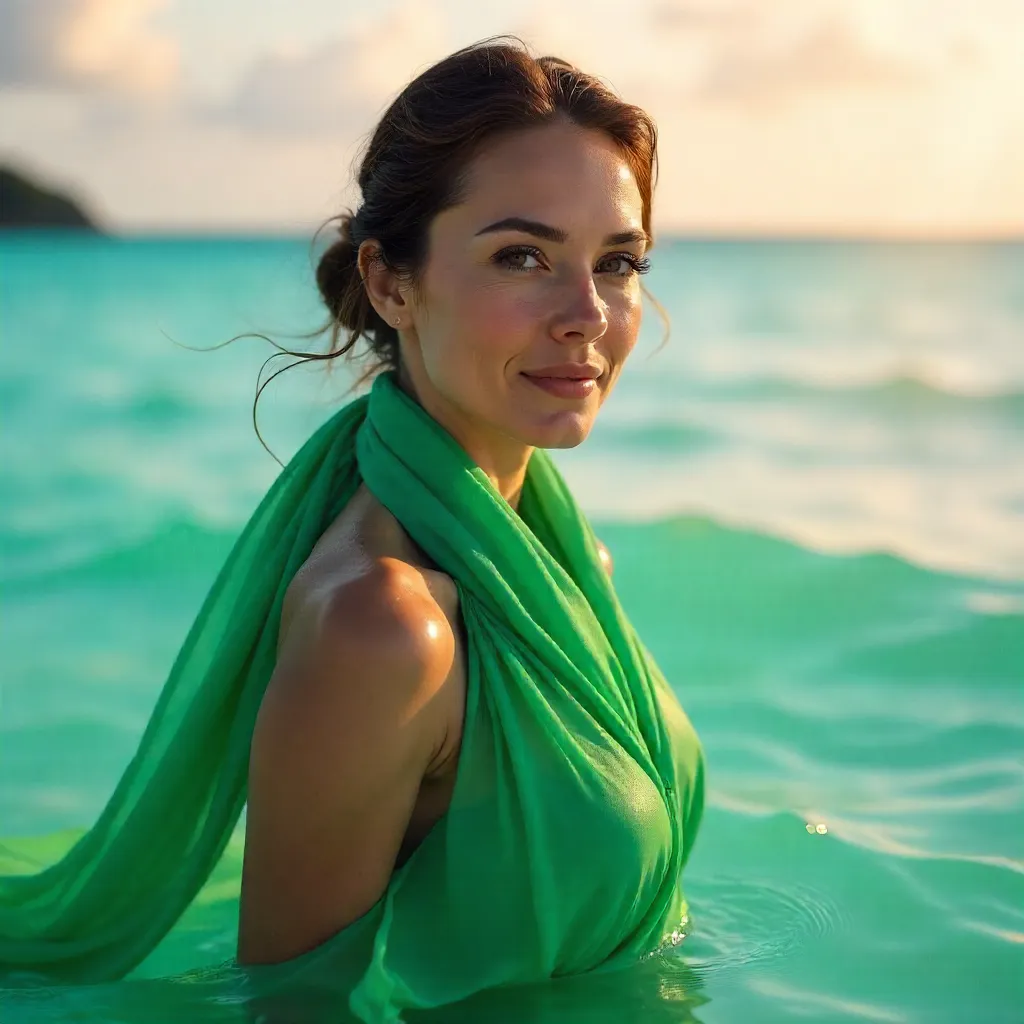 Elegance in Ocean: Green Scarf Portrait