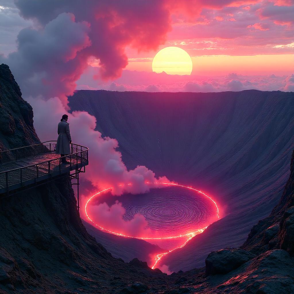 Neon Sunrise Over a Cyberpunk Crater