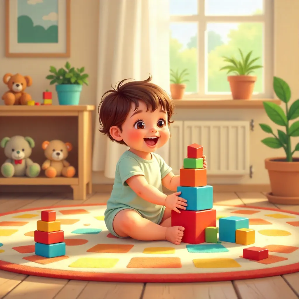 Toddler at Play: Vibrant Block Building on Patterned Rug