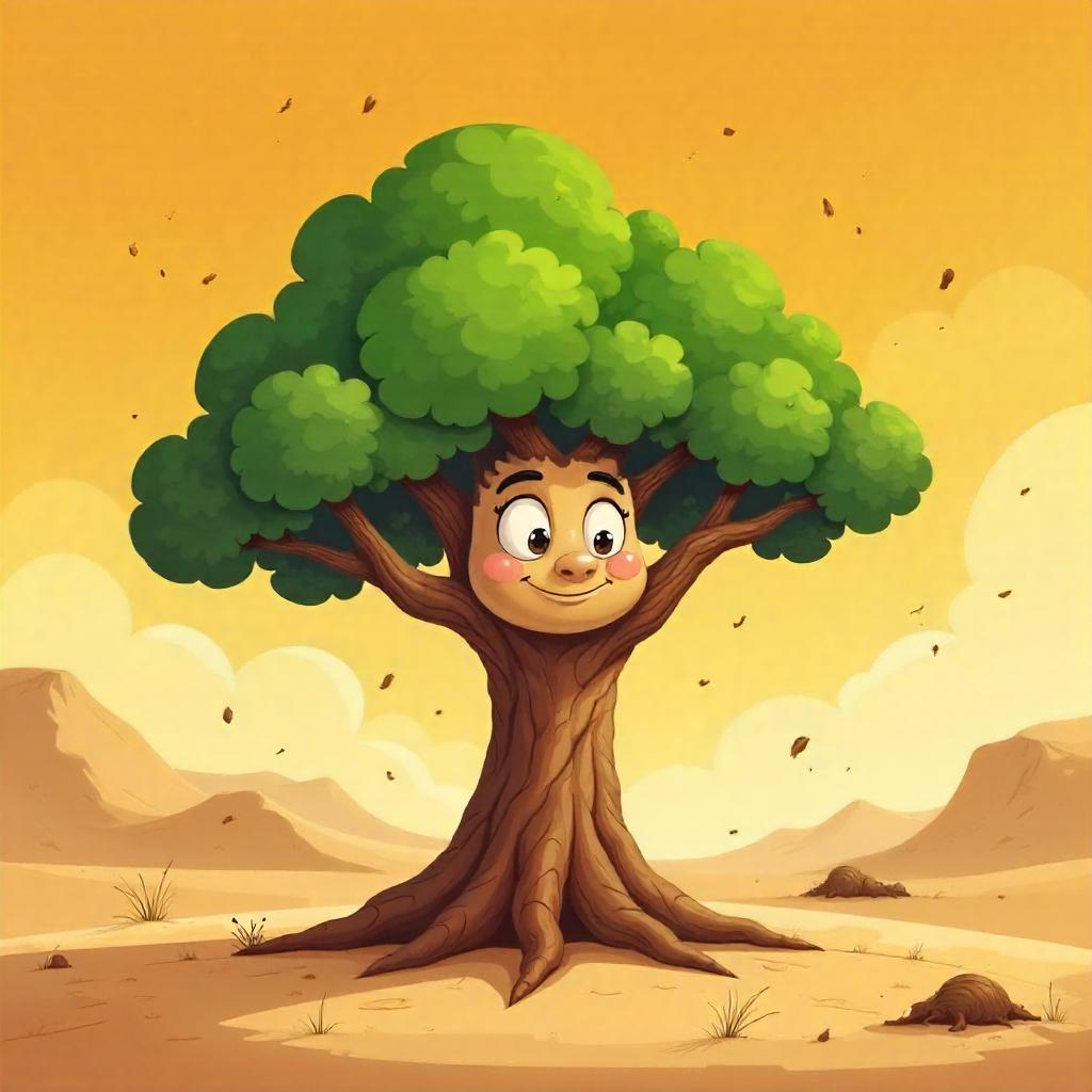 Sandstorm Adventure: Cartoon Tree Battles the Wind