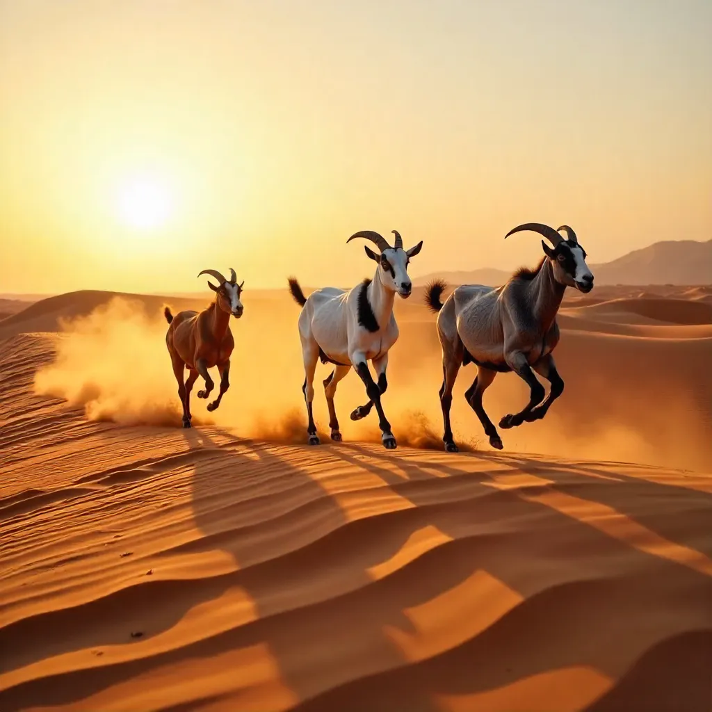 Three Goats on Sunrise Oman Dunes