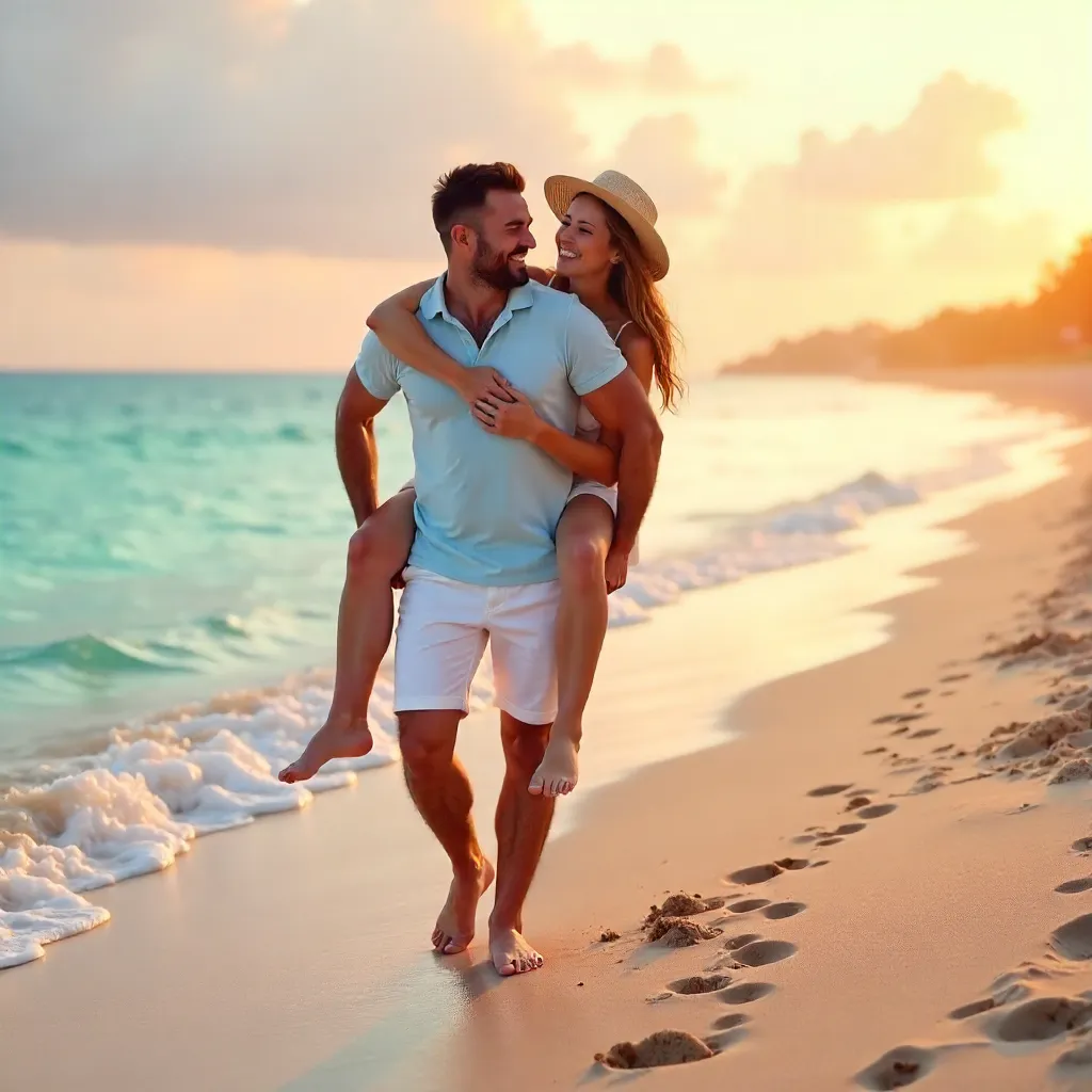 Laughter on a Serene Beach Piggyback Ride
