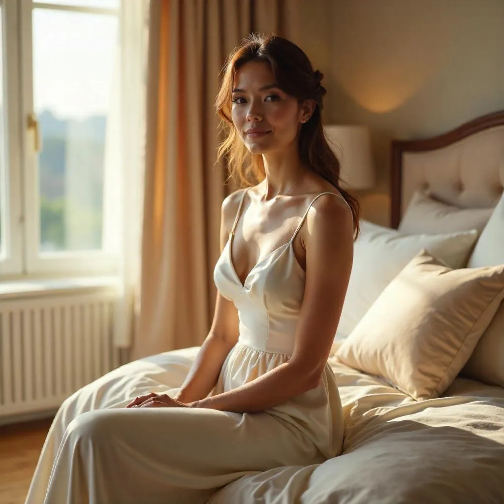 Elegant photorealistic adult White woman in a bedroom