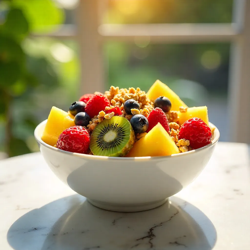 Sunlit Fruit and Granola Bowl on Marble