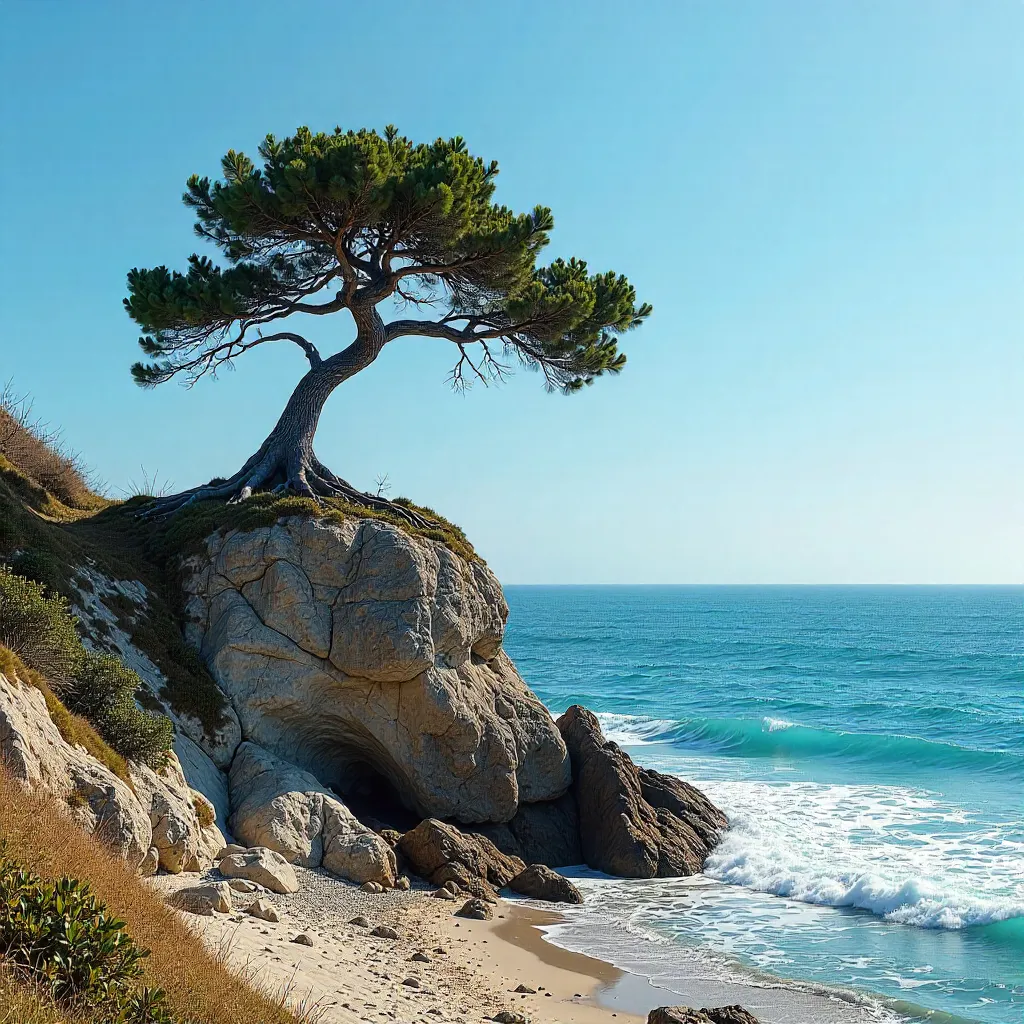 Lone Pine on a Rocky Seashore Under a Clear Blue Sky