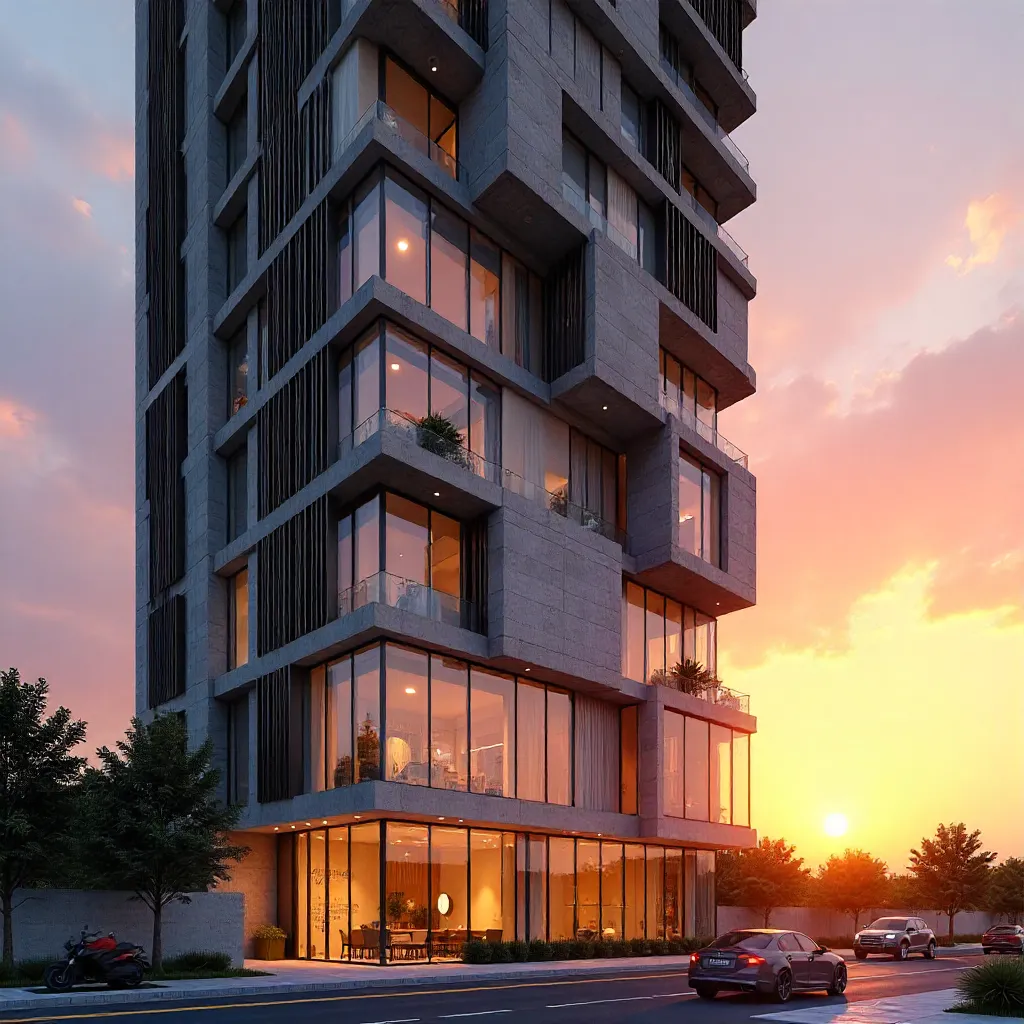 Sunset-Illuminated Tall Modern Facade with Shadows