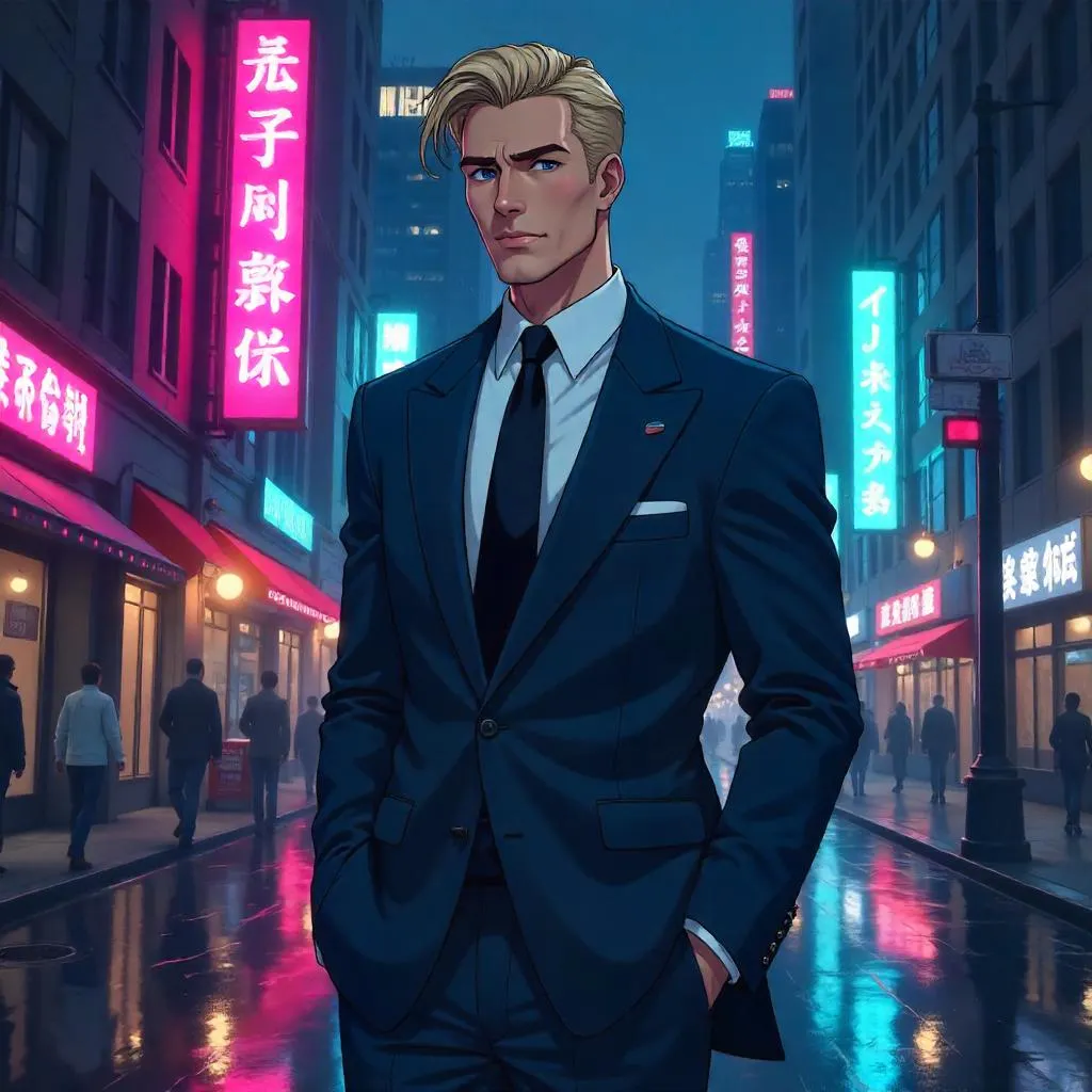 Elegant White Man in Anime Night City