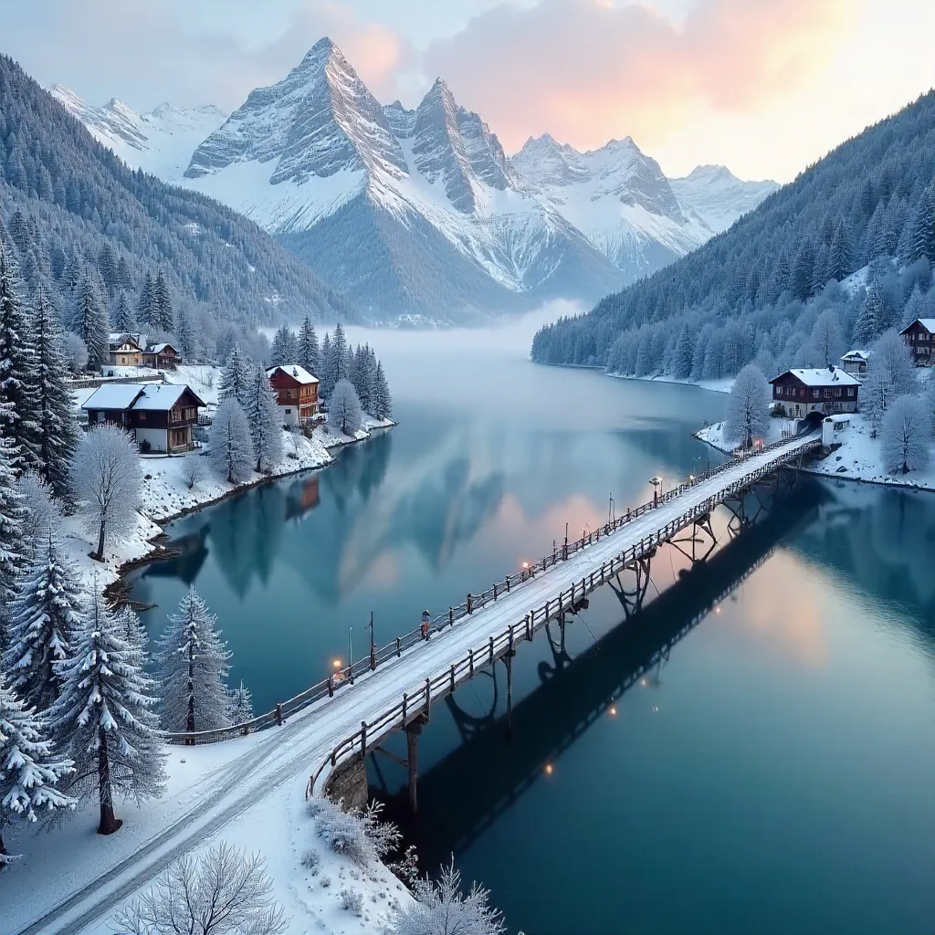 Aerial Bavarian Lake Crossing Through Winter Mist