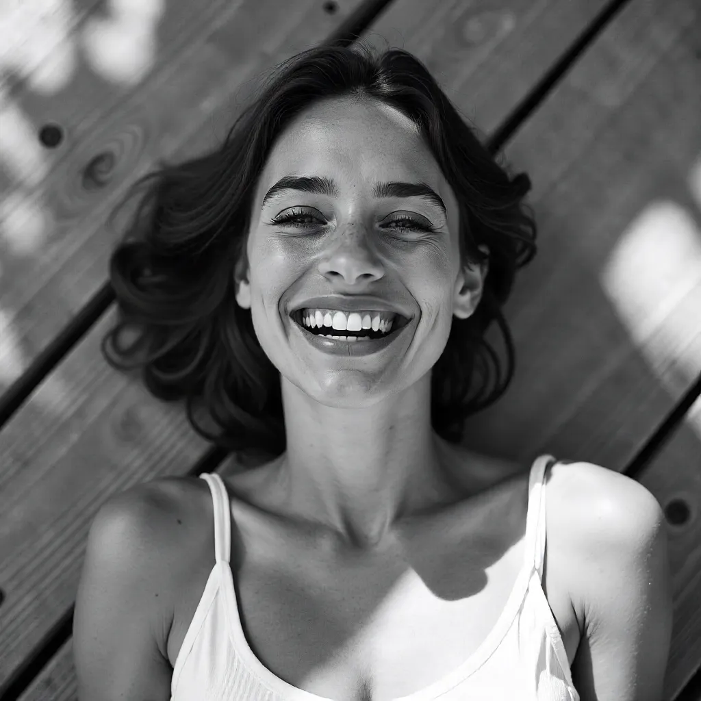 Laughing on a Wooden Deck: Monochrome Portrait