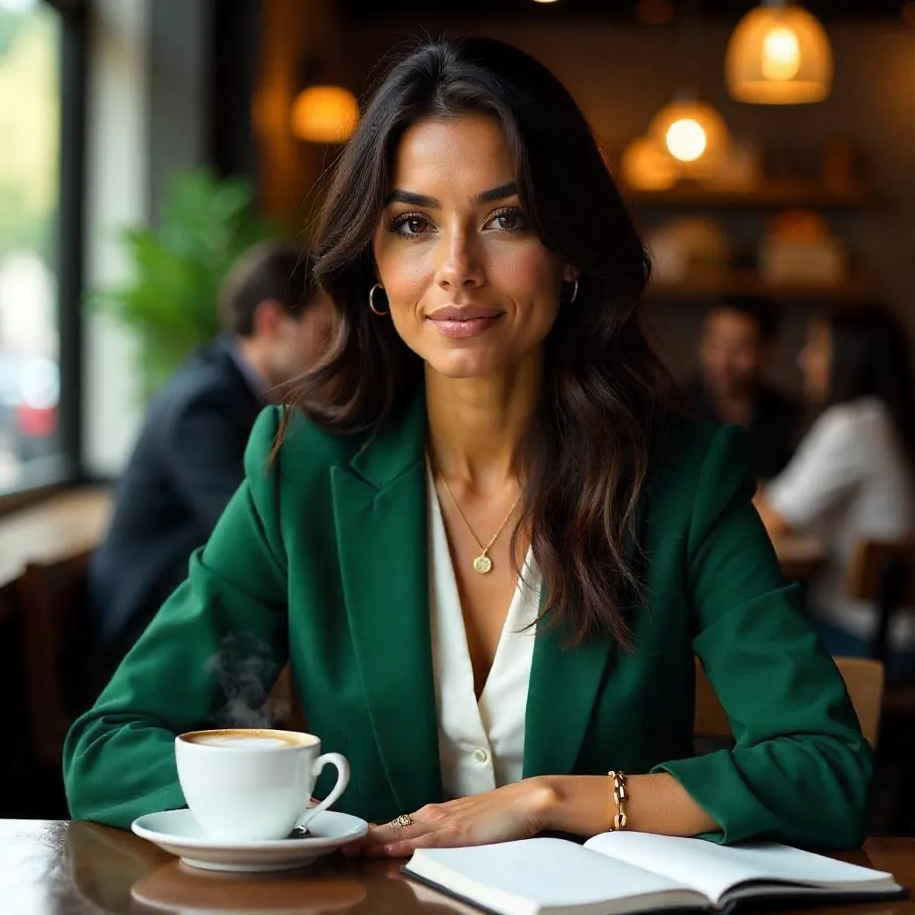 Confident Latina Woman in a Sunlit Café