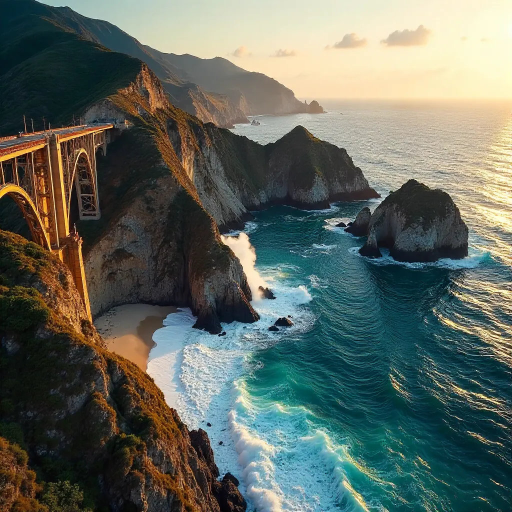 Aerial View: Rugged Coastline, Bridge and Surf