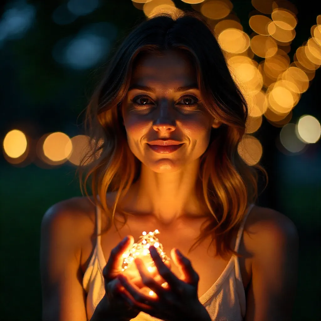 Night Portrait with Fairy Lights and Warm Bokeh