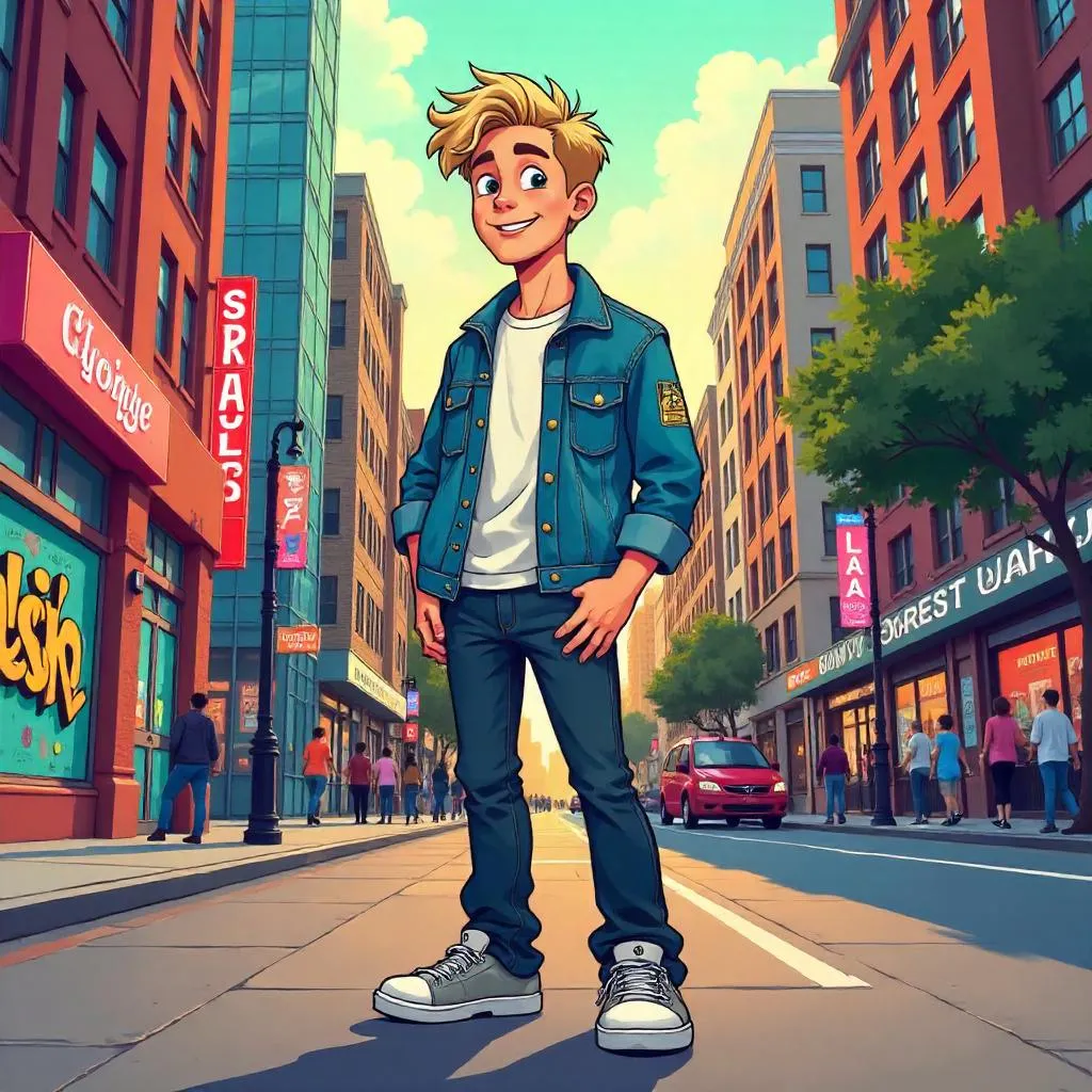 Urban Cartoon: A Young White Man in a Lively City Street