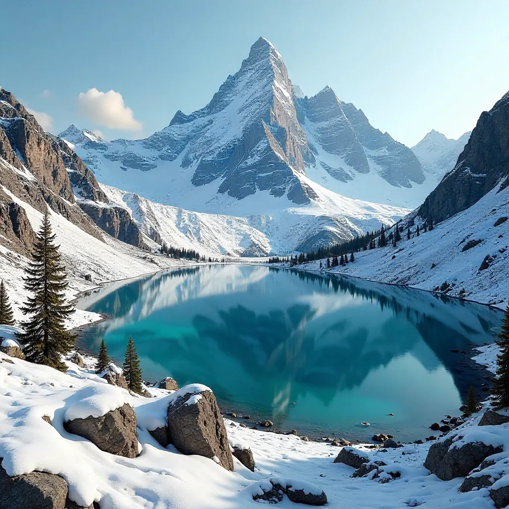 Turquoise Lake Amid Snowy Mountain Peaks