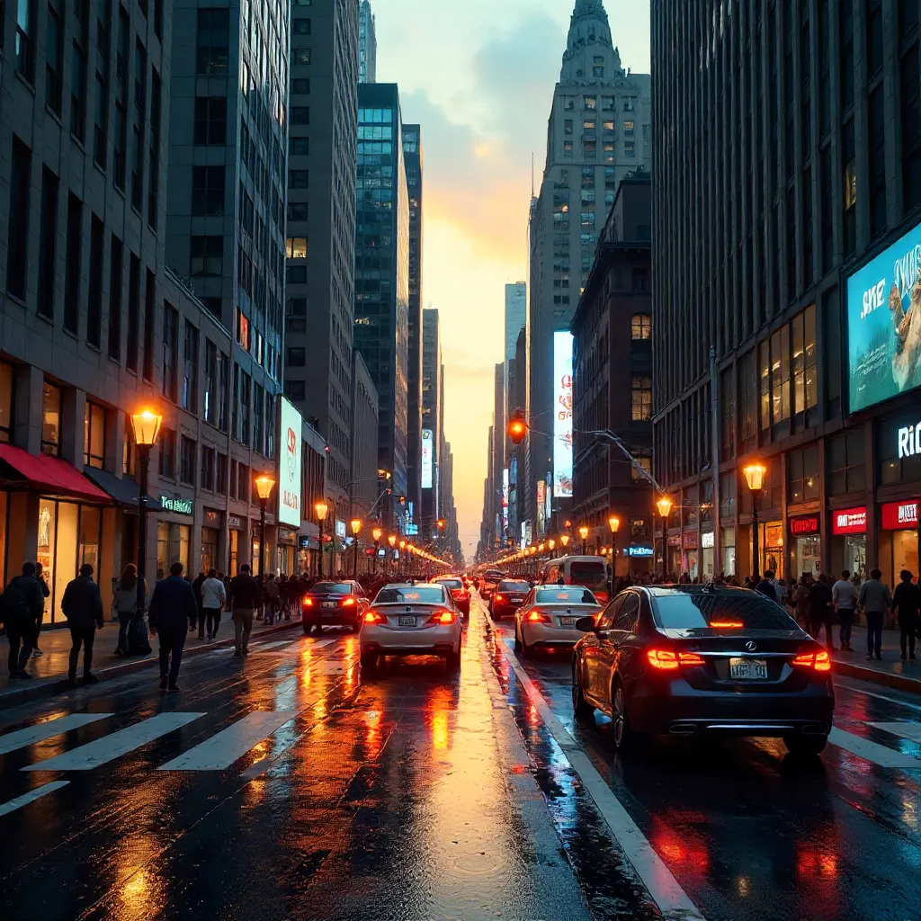 Skyscraper City Street: Motion, Light, Urban Life