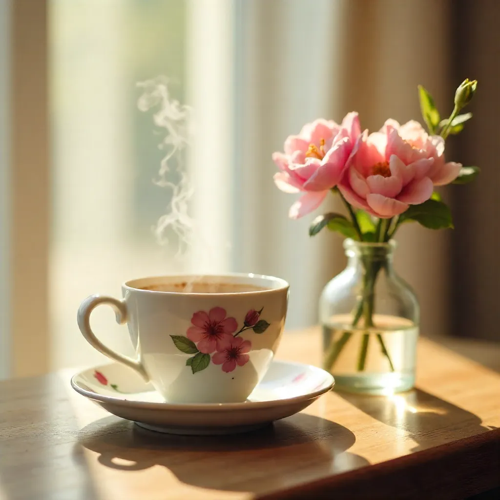Cozy Close-Up: Floral Cup and Pink Vase