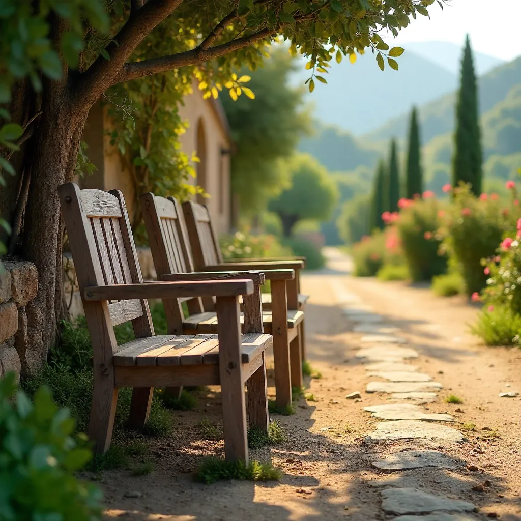 Three Wooden Chairs in Antalya: Tranquil Rural Greenscape