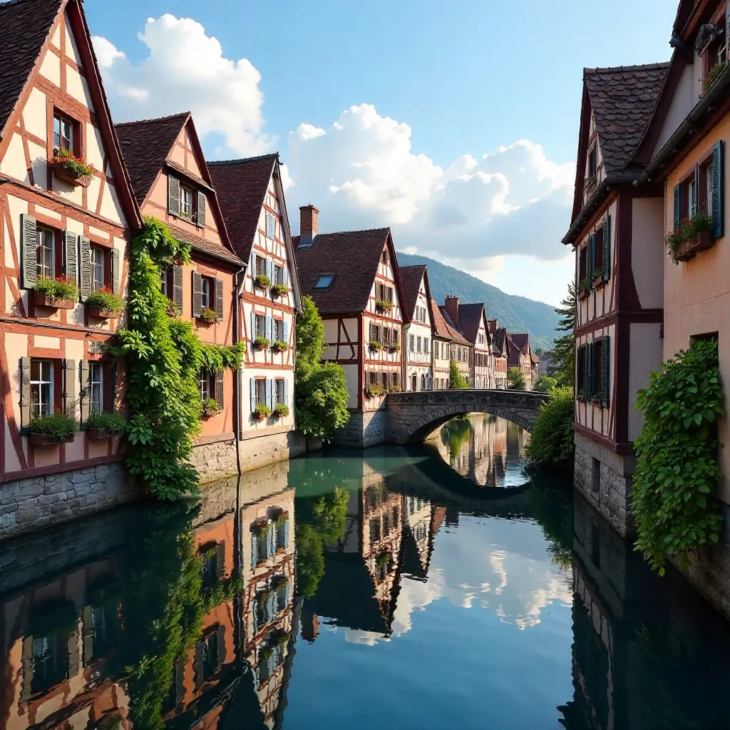 Sunlit Alsace Half-Timbered Reflections