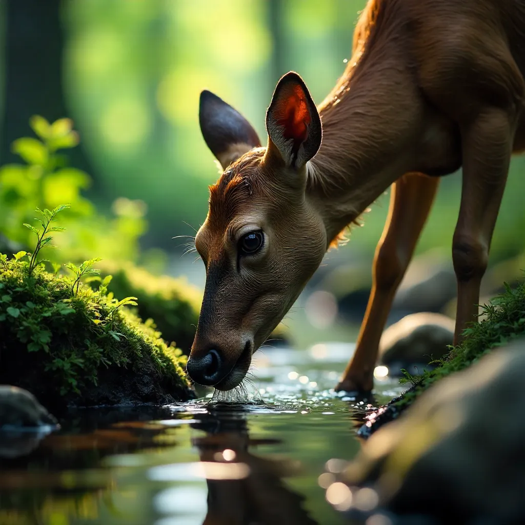 Close-Up Deer Drinking from a Mossy Stream