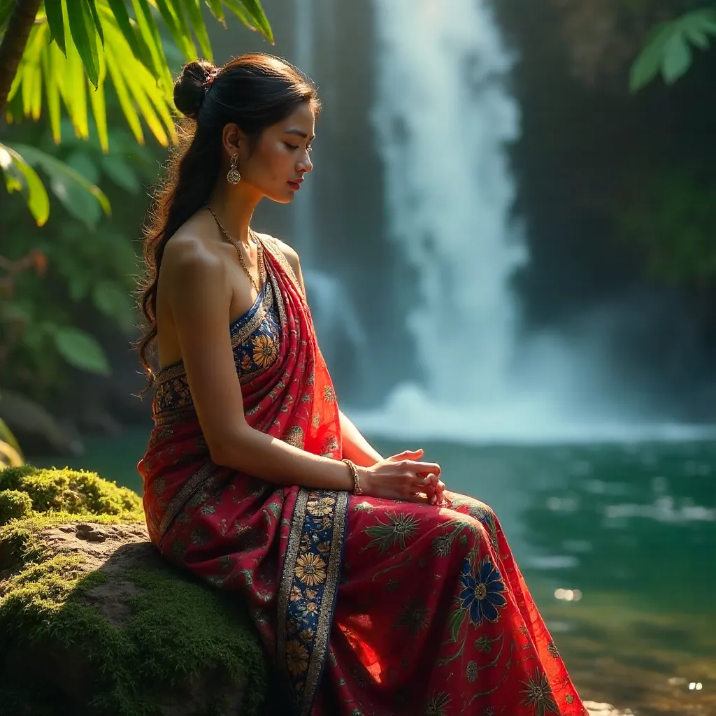 Serene Woman in Colorful Traditional Attire by a Cascading Waterfall