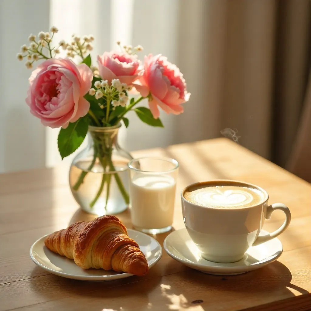 Sunlit Morning Coffee with Flowers on a Table