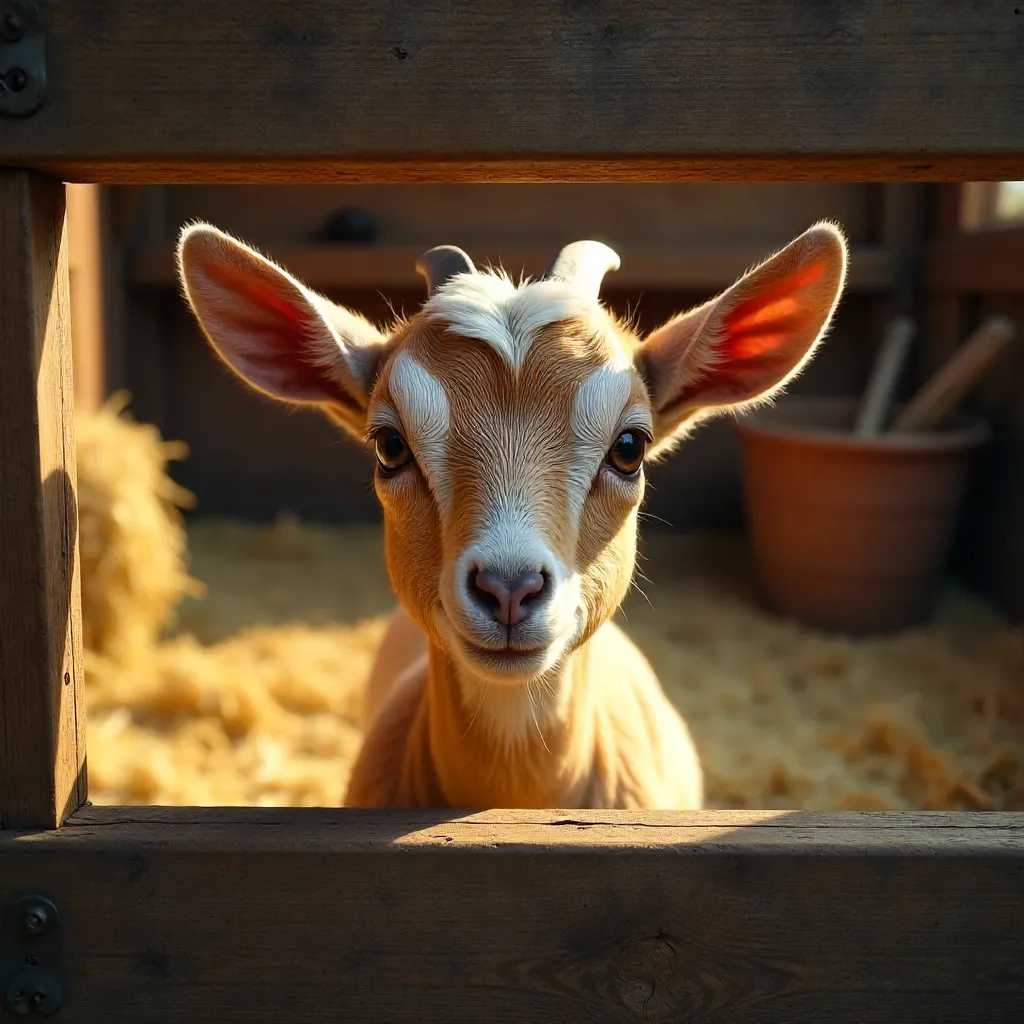 Curious Young Goat Peering Through a Barn Fence