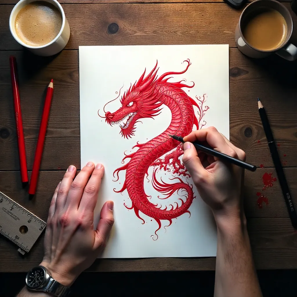 Top-Down Sketch of a Red Dragon Tattoo Design