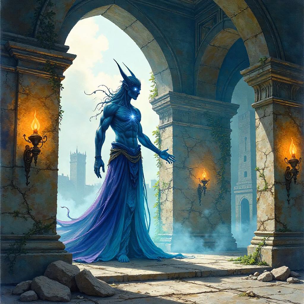 Watercolor Djinn in an Ancient Fortress