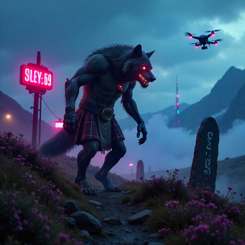 Neon Werewolf of the Highland Cyberpunk Night
