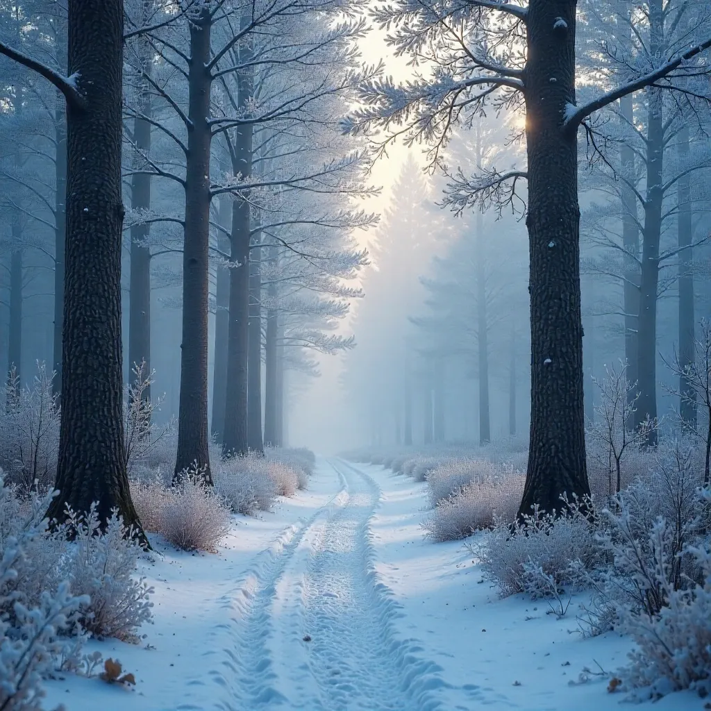 Mist-Wreathed Frosted Forest Path at Dawn
