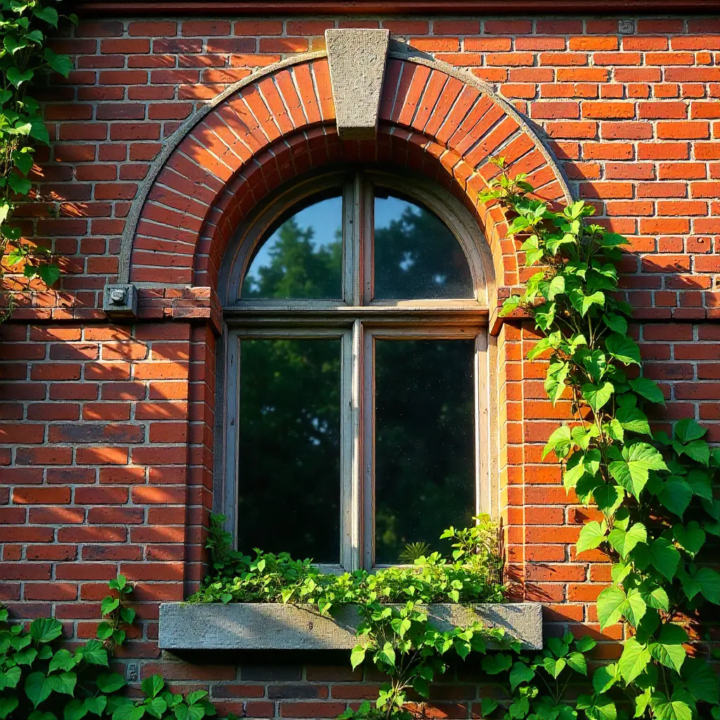 Close-Up of Historic Brick Arch with Green Climbers