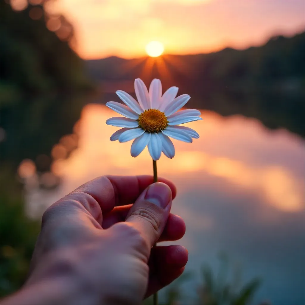 Hand Holding a White Daisy by a Sunset Waterside