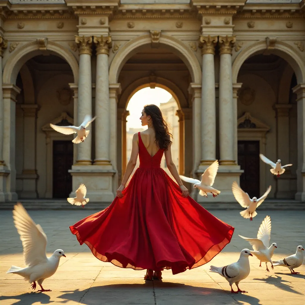 Graceful Woman in Red Among Pigeons before Ornate Architecture