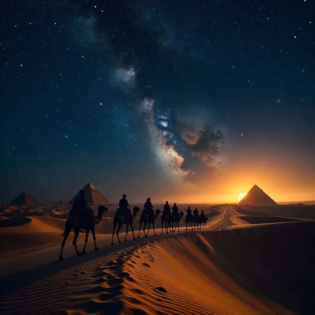 Camel Caravan Silhouette in Starry Giza Night