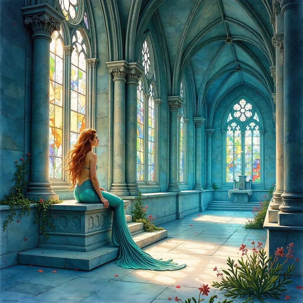 Watercolor Siren in a Gothic Cathedral