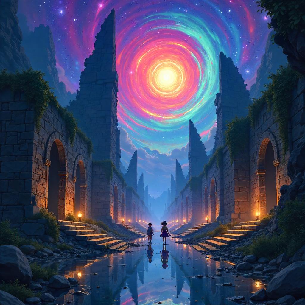 Nebula-lit Lost City: Anime Adventure in Ruins