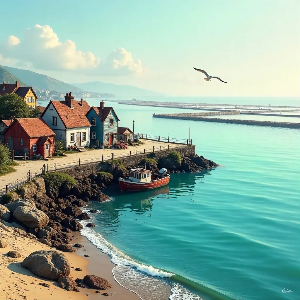 Tranquil Coastal Village Overlooking Sea Farms