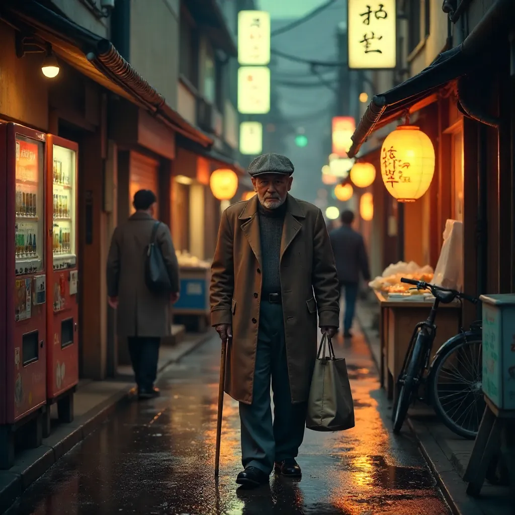 Elderly man strolling a Tokyo street of local life