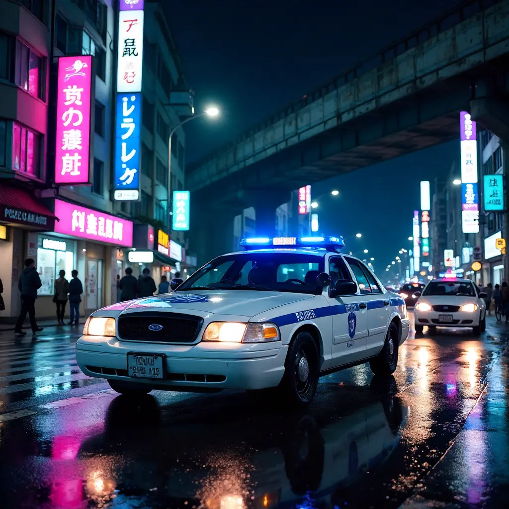 Neon Tokyo Night Patrol: A Police Car Ensuring Urban Safety