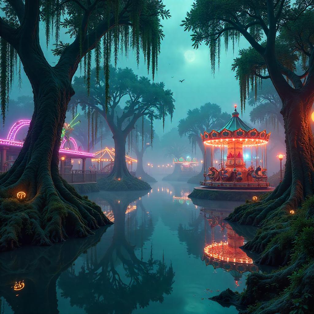 Neon Swamp Dream in an Amusement Park