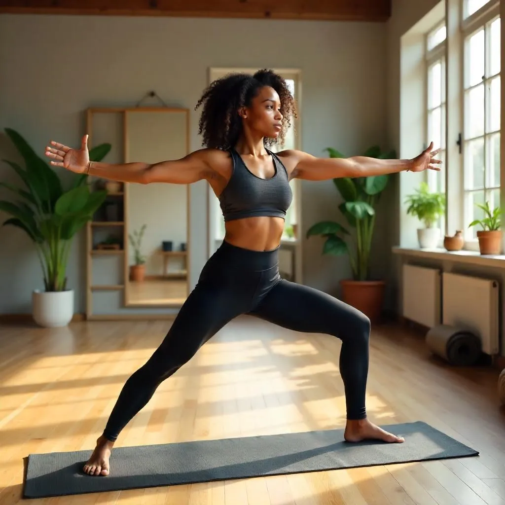 Confident Black Woman in a Photorealistic Yoga Studio