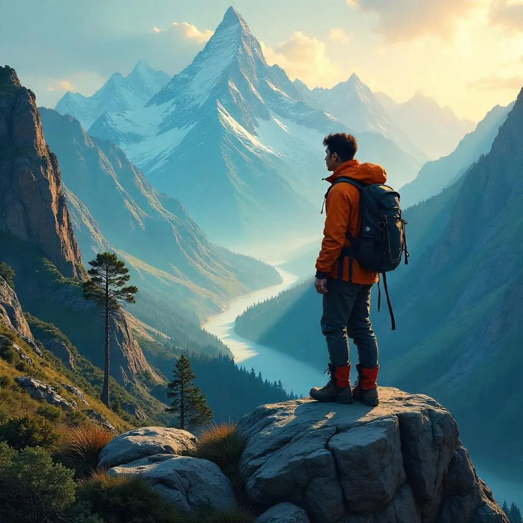 Mountain Concept Art: Young East Asian Man