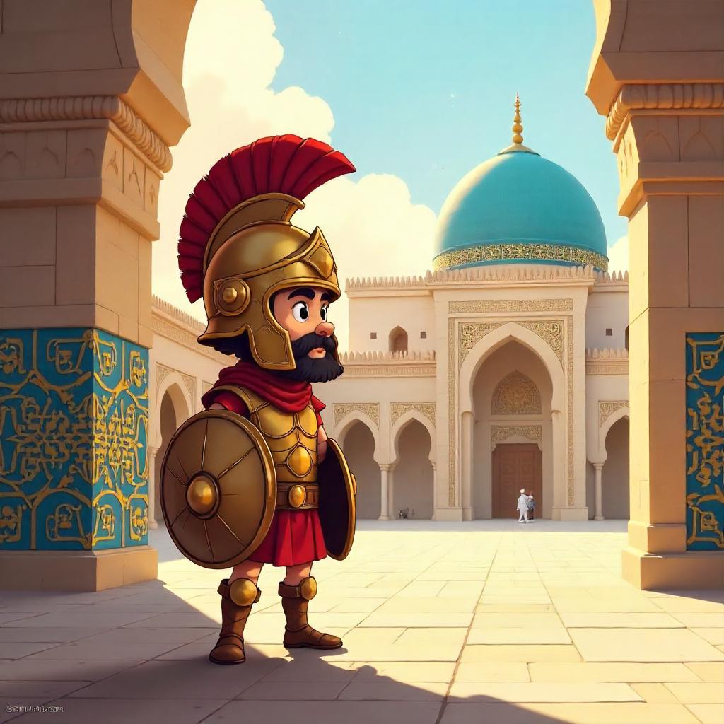 Cartoon Gladiator in a Grand Mosque Courtyard